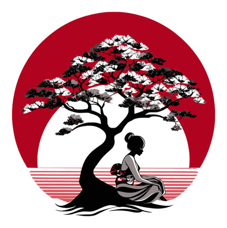 This abstract illustration features a serene woman meditating under a stylized tree against a vibrant red background. Perfect for exploring themes of tranquility and nature.のイラスト素材