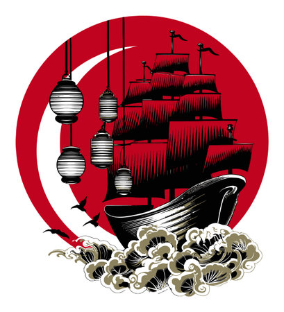 This abstract illustration features a vintage ship with lanterns against a vibrant red background. Waves flow beneath, creating a dynamic composition full of movement and artistry.のイラスト素材