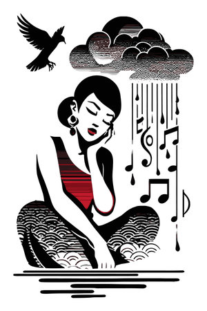 This striking abstract illustration features a contemplative woman amidst music notes and clouds, conveying emotion and creativity through visual harmony.のイラスト素材