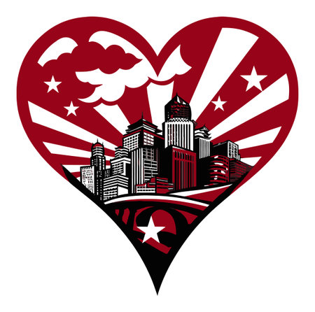 This striking illustration features a city skyline integrated into a heart shape, surrounded by rays and stars. The bold colors create an energetic and emotional design, perfect for urban-themed projects.のイラスト素材