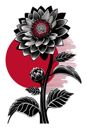 This bold floral illustration features a stylized flower with intricate details, set against an abstract red background, perfect for art and decor applications.のイラスト素材