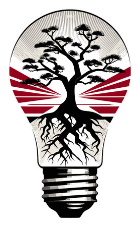Explore this abstract illustration featuring a light bulb with a tree and roots, symbolizing growth and sustainability. Perfect for creative projects.のイラスト素材
