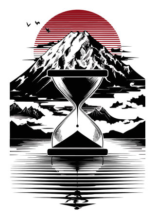 This abstract illustration features an hourglass against a mountain landscape and sunset, symbolizing the passage of time in nature's beauty. Perfect for artistic projects.のイラスト素材