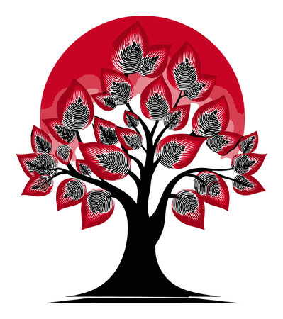 This striking abstract illustration features a stylized tree with vibrant red leaves against a circular background. It celebrates nature and creativity.のイラスト素材