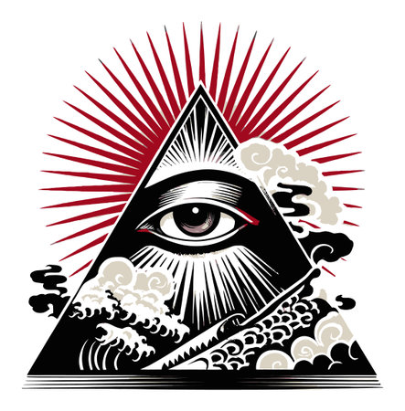 This captivating illustration features an eye within a pyramid, accentuated by a radiant sunburst. Its abstract design combines elements of mystery and symbolism, suitable for various artistic projects.のイラスト素材