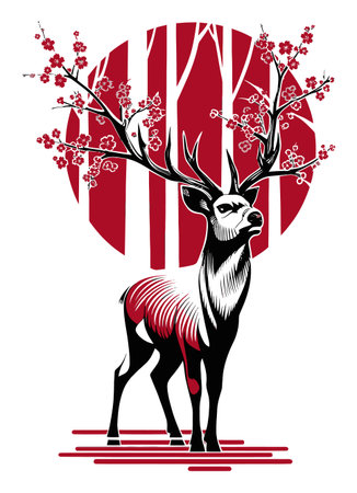 This stunning illustration features a deer against a bold red background adorned with cherry blossoms, showcasing a striking abstract art style that captures nature's beauty.のイラスト素材