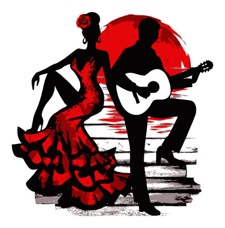 This vibrant illustration features a flamenco dancer and guitarist silhouette against a striking red sunset. Perfect for conveying passion and culture.のイラスト素材