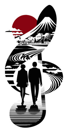 This abstract illustration features a couple walking amidst a striking mountain and city landscape. The design blends nature and urban elements, creating a harmonious visual experience.のイラスト素材