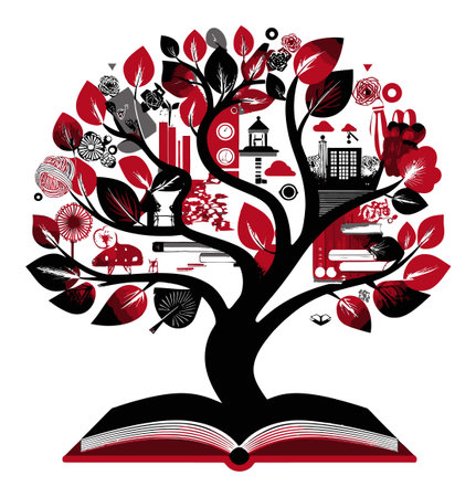 This abstract illustration features a tree with vibrant red leaves and artistic symbols, merging nature, knowledge, and creativity into a striking visual narrative.のイラスト素材
