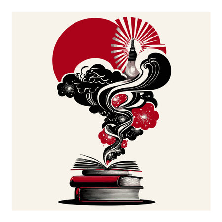 This abstract illustration showcases books emanating creativity and imagination, highlighted by a light bulb and flowing smoke, making it ideal for artistic projects.のイラスト素材