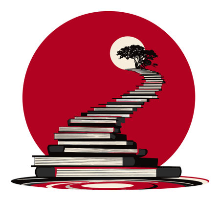 This abstract illustration features a staircase made of books leading to a rising moon, symbolizing a journey of knowledge and creativity.のイラスト素材