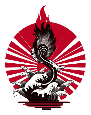 This captivating abstract illustration showcases the dynamic interplay of waves and flames, utilizing bold red and black colors for a striking visual impact.のイラスト素材