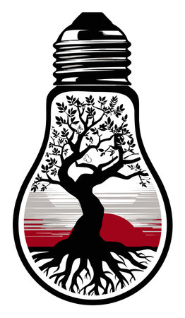 Unique abstract illustration featuring a tree emerging from a light bulb with a sunset background, symbolizing creativity and the harmony between nature and technology.のイラスト素材
