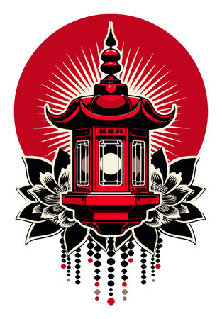 This stunning illustration features an ornate red lantern surrounded by intricate floral designs. The vibrant colors and detailed patterns create a captivating visual experience.のイラスト素材