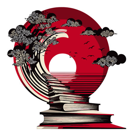 This artistic abstract illustration features a unique pathway of books leading toward a radiant sun. Enhanced with trees and clouds, it symbolizes inspiration and exploration.のイラスト素材