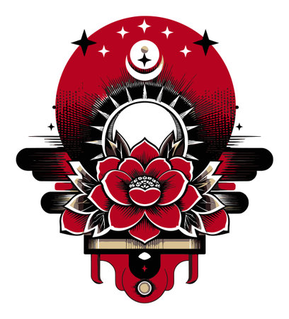 This vibrant abstract illustration features a striking red floral design complemented by geometric elements, sun, and moon motifs, perfect for artistic projects.のイラスト素材