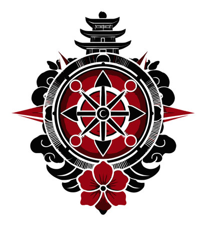 This abstract illustration features a decorative Asian-inspired compass design, blending intricate details and bold colors to create a visually striking piece. Perfect for artistic projects.のイラスト素材