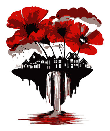 A mesmerizing illustration of red poppies blooming above floating houses cascading into a serene waterfall, combining elements of nature and surrealism in vibrant colors.のイラスト素材