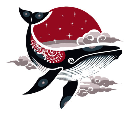 Discover a captivating whale illustration, combining abstract styles with a cosmic motif, featuring clouds, stars, and a bold red moon for a unique artistic vision.のイラスト素材