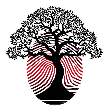 This unique abstract tree illustration features intricate leaves and a fingerprint pattern, symbolizing growth and identity. Perfect for eco-themed designs.のイラスト素材