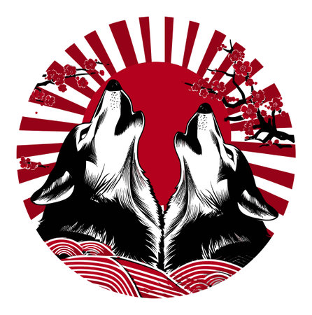 Stunning illustration featuring two howling wolves beneath cherry blossoms and a rising sun. This artwork combines nature and tradition, evoking strong emotions.のイラスト素材