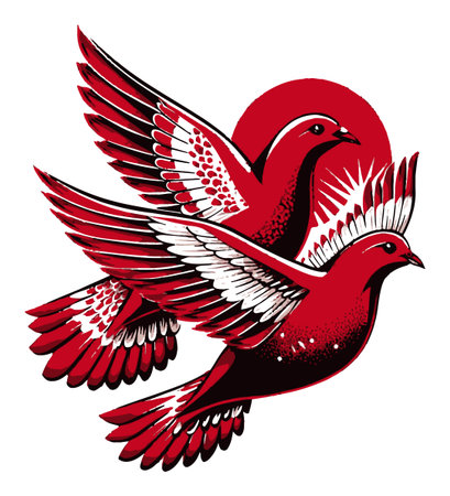 Vivid illustration of two dynamic red birds soaring with flair against a striking sun backdrop. Perfect for symbolizing freedom and beauty in design.のイラスト素材