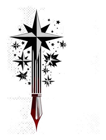 This abstract illustration features a pen intertwined with stars, showcasing creativity and inspiration. The bold design uses black and white elements to create a modern and artistic visual.のイラスト素材