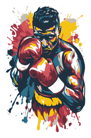 This striking illustration showcases a boxer in a powerful pose, emphasizing energy and motion through vibrant colors and abstract splashes. Perfect for sports themes.のイラスト素材