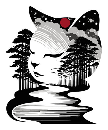 Explore a whimsical abstract illustration featuring a cat silhouette intertwined with nature, showcasing trees and a serene water reflection under a starlit sky.のイラスト素材