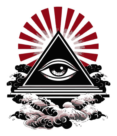 An abstract illustration featuring a large eye within a pyramid, surrounded by dramatic rays and clouds, symbolizing mystery and spirituality, perfect for art lovers.のイラスト素材