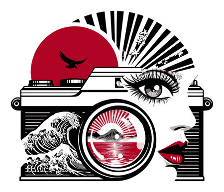 Captivating abstract illustration featuring a camera, a woman, and natural elements like waves and mountains, all in bold colors. Perfect for modern art enthusiasts.のイラスト素材