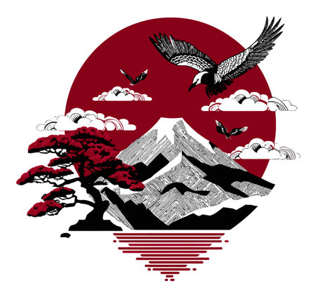 This stunning illustration features a majestic mountain landscape with an eagle soaring through stylized clouds, all set against a bold red backdrop, creating a serene yet dynamic scene.のイラスト素材