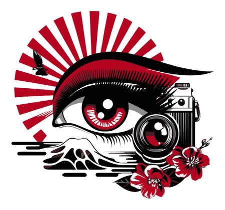 This striking illustration features a bold eye design with a camera, floral elements, and radiating sun rays. Perfect for creative projects in art and photography themes.のイラスト素材