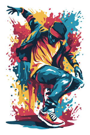 This vibrant abstract illustration captures the dynamic movement of a dancer amidst colorful splashes, conveying energy and youthful expression through bold design elements.のイラスト素材