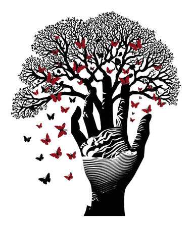 This striking black and white illustration features a hand emerging as a tree, adorned with red butterflies, symbolizing nature and transformation in art.のイラスト素材