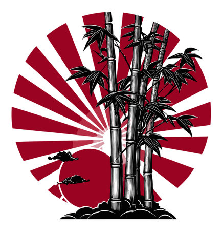 A stunning illustration of bamboo silhouettes set against a vibrant red and white sunburst background, capturing the essence of nature's beauty and tranquility.のイラスト素材