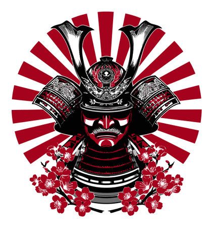 This striking illustration features a samurai warrior adorned in ornate armor against a bold red sunburst background, symbolizing strength and heritage.のイラスト素材