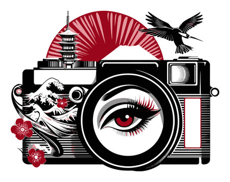 This captivating illustration features a camera adorned with iconic Japanese elements, blending traditional motifs with modern design in striking red and black hues.のイラスト素材