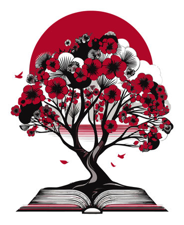 This vibrant abstract illustration features a striking tree with red flowers emerging from an open book, creating a unique connection between nature and literature.のイラスト素材