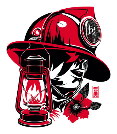 A stunning abstract illustration showcasing a firefighter with a lantern, symbolizing courage and safety. The vibrant red tones and floral elements add depth and emotion.のイラスト素材