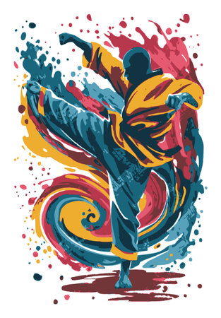 This vibrant abstract illustration captures a martial artist in a dynamic kicking pose, surrounded by colorful splashes, showcasing energy and movement. Perfect for sports-themed designs.のイラスト素材