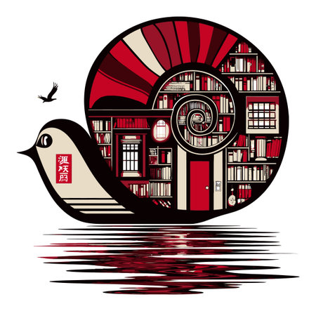 A unique and whimsical illustration of a snail-shaped library featuring books and nature elements. This colorful design blends fantasy with minimalism, perfect for creative spaces.のイラスト素材