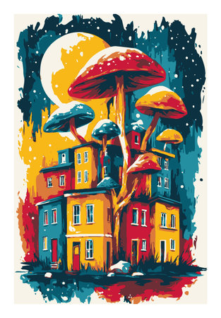 Eye-catching abstract illustration features quirky houses intertwined with oversized mushrooms under a luminous moon, creating a whimsical landscape.のイラスト素材