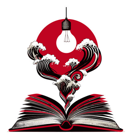 This vibrant abstract illustration features waves flowing from an open book under a light bulb, symbolizing creativity and knowledge. Perfect for artistic projects.のイラスト素材