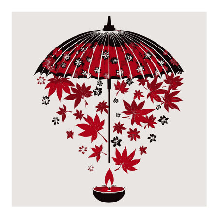 This abstract illustration features a striking umbrella adorned with red leaves and floral motifs, combining nature and artistry in a harmonious design. Perfect for seasonal themes.のイラスト素材