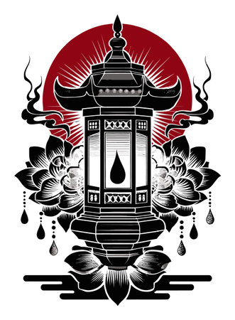 This striking artwork features a beautifully designed lantern surrounded by intricate floral elements, showcasing a blend of elegance and abstract artistry.のイラスト素材