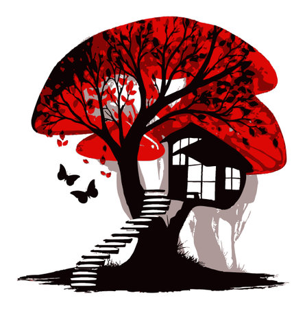 This captivating artwork features a whimsical tree house nestled in vibrant red leaves, accompanied by gentle butterflies. Perfect for inspiration in nature-themed projects.のイラスト素材
