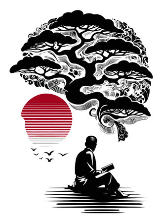 This captivating illustration depicts a tranquil scene of a reader sitting under an abstract tree against a sunset backdrop, symbolizing peace and introspection.のイラスト素材