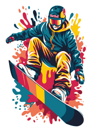 Eye-catching illustration of a skilled snowboarder performing an exhilarating trick. The vibrant abstract background enhances the dynamic nature of the sport, symbolizing motion and energy.のイラスト素材