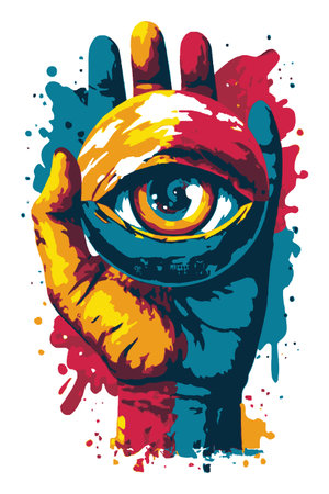 This colorful abstract illustration features a striking eye within a hand, blending vibrant colors and artistic splashes, perfect for creative projects and visual expressions.のイラスト素材